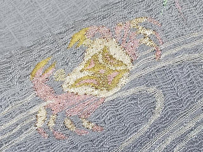 平和屋着物＊夏物 太鼓柄袋帯 すくい織 蟹 カニ 金銀糸 正絹 逸品 未使用 CABG3512tx
