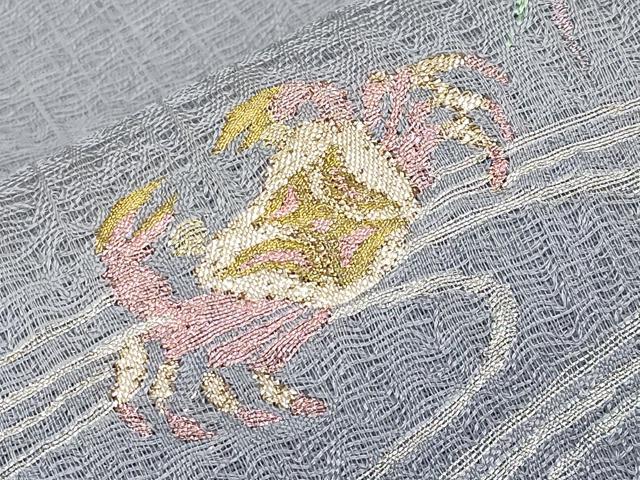 平和屋着物＊夏物 太鼓柄袋帯 すくい織 蟹 カニ 金銀糸 正絹 逸品 未使用 CABG3512tx