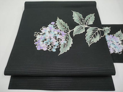 平和屋着物＊夏物　絽塩瀬　九寸名古屋帯　総刺繍　紫陽花　黒地　銀糸　正絹　逸品　CABG3539tx