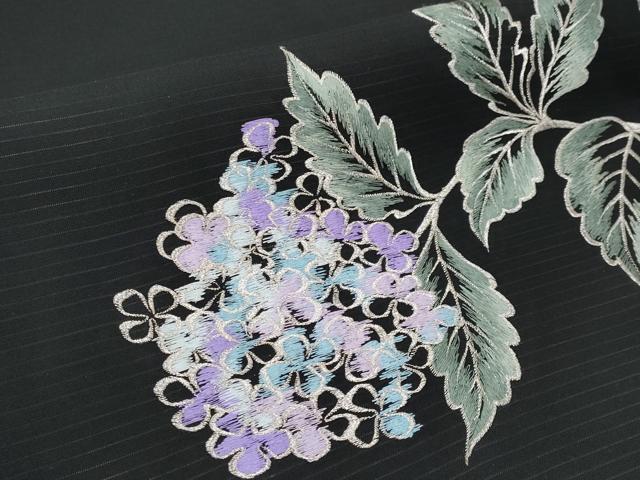 平和屋着物＊夏物　絽塩瀬　九寸名古屋帯　総刺繍　紫陽花　黒地　銀糸　正絹　逸品　CABG3539tx