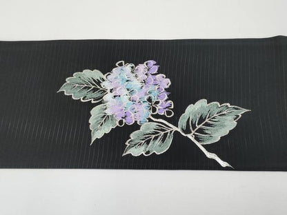 平和屋着物＊夏物　絽塩瀬　九寸名古屋帯　総刺繍　紫陽花　黒地　銀糸　正絹　逸品　CABG3539tx