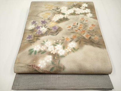 平和屋着物＊夏物 太鼓柄袋帯 手描き 草花文 銀通し地 正絹 逸品 CABG3551tx