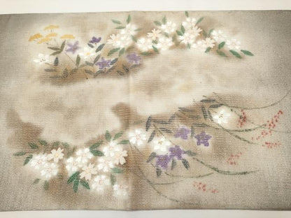 平和屋着物＊夏物 太鼓柄袋帯 手描き 草花文 銀通し地 正絹 逸品 CABG3551tx