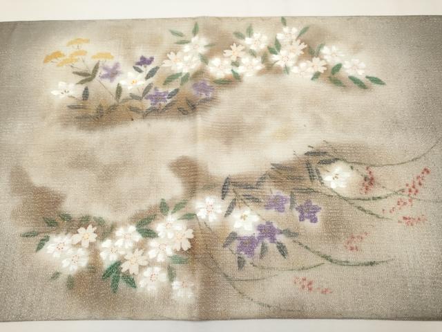 平和屋着物＊夏物 太鼓柄袋帯 手描き 草花文 銀通し地 正絹 逸品 CABG3551tx