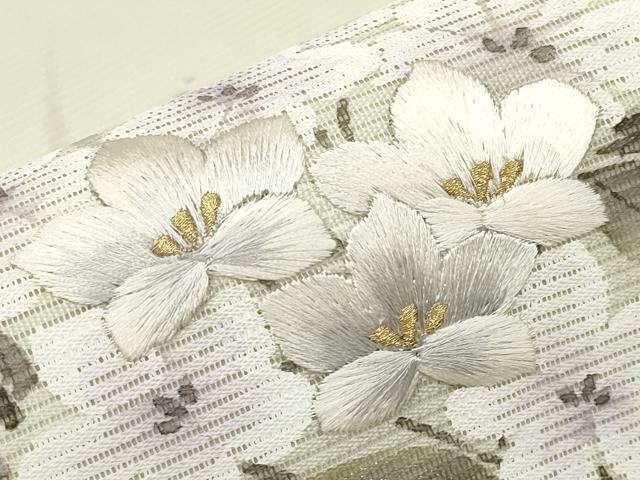 平和屋着物＊夏物 太鼓柄袋帯 作家物 手描き 刺繍 草花文 銀彩 正絹 逸品 未使用 CABG3595tx