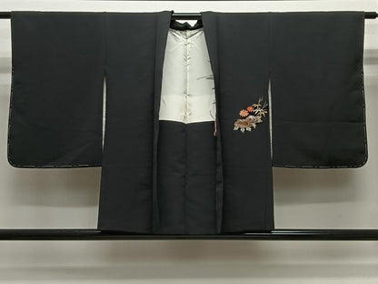 平和屋着物＃羽織　総刺繍　扇面花文　黒地　金銀糸　正絹　逸品　未使用　CABG3603ua