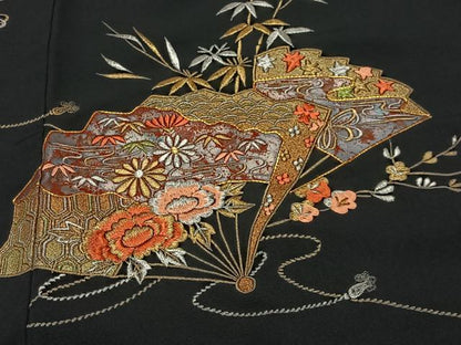 平和屋着物＃羽織　総刺繍　扇面花文　黒地　金銀糸　正絹　逸品　未使用　CABG3603ua