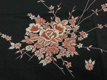 平和屋着物＃羽織　総刺繍　枝花文　黒地　金銀糸　正絹　逸品　CABG3605ua