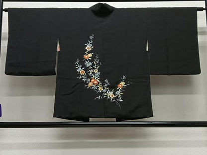 平和屋着物＃羽織　枝花文　黒地　金彩　正絹　逸品　CABG3606ua