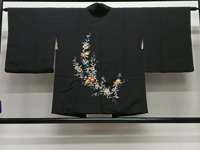 平和屋着物＃羽織　枝花文　黒地　金彩　正絹　逸品　CABG3606ua