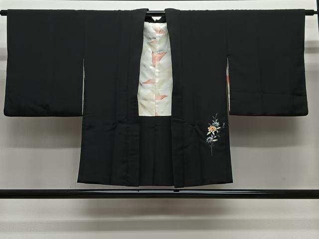 平和屋着物＃羽織　枝花文　黒地　金彩　正絹　逸品　CABG3606ua