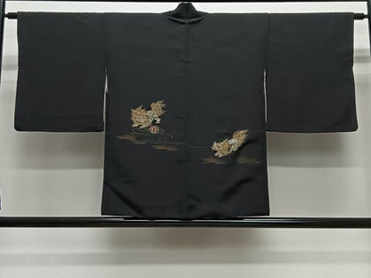 平和屋着物＃羽織　寿光織　唐獅子　黒地　金糸　正絹　逸品　CABG3609ua