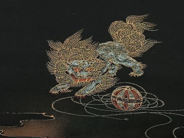 平和屋着物＃羽織　寿光織　唐獅子　黒地　金糸　正絹　逸品　CABG3609ua