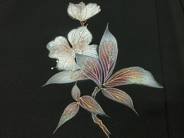 平和屋着物＃羽織　草花文　黒地　金彩　正絹　逸品　未使用　CABG3612ua