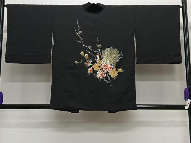 平和屋着物＃羽織　刺繍　花鳥文　黒地　金銀彩　正絹　逸品　CABG3614ua