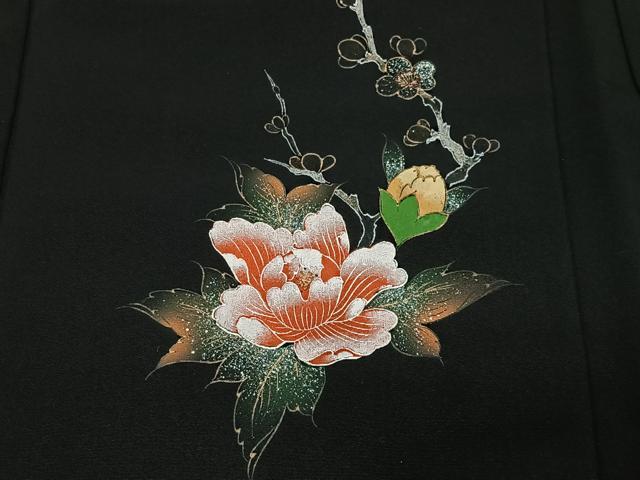 平和屋着物＃羽織　刺繍　花鳥文　黒地　金銀彩　正絹　逸品　CABG3614ua