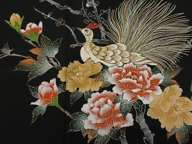 平和屋着物＃羽織　刺繍　花鳥文　黒地　金銀彩　正絹　逸品　CABG3614ua