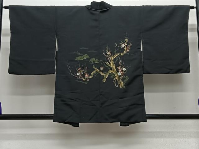平和屋着物＃羽織　寿光織　枝梅文　黒地　金糸　正絹　逸品　CABG3615ua