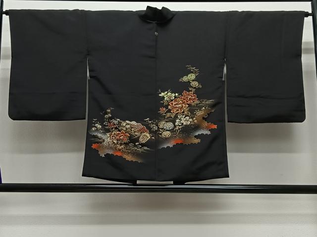 平和屋着物＃羽織　寿光織　扇面花文　黒地　金銀糸　正絹　逸品　CABG3616ua