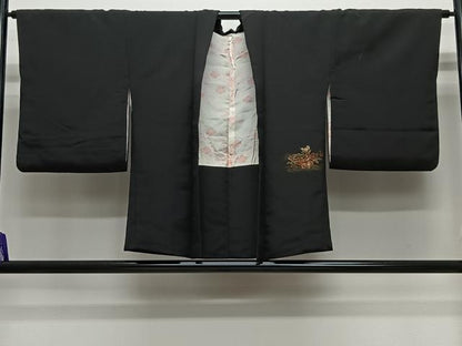平和屋着物＃羽織　寿光織　扇面花文　黒地　金銀糸　正絹　逸品　CABG3616ua