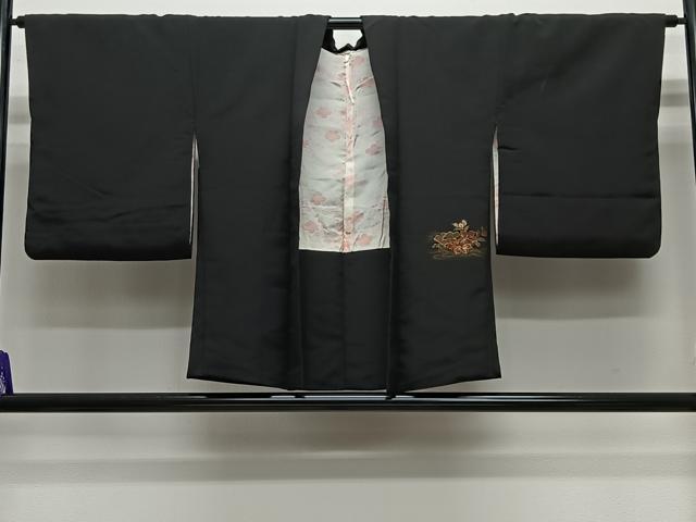 平和屋着物＃羽織　寿光織　扇面花文　黒地　金銀糸　正絹　逸品　CABG3616ua