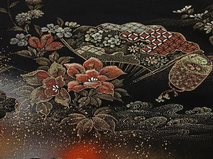 平和屋着物＃羽織　寿光織　扇面花文　黒地　金銀糸　正絹　逸品　CABG3616ua