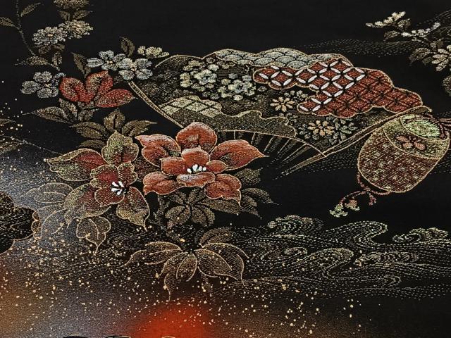 平和屋着物＃羽織　寿光織　扇面花文　黒地　金銀糸　正絹　逸品　CABG3616ua