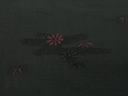 平和屋着物＃羽織　紬地　総刺繍　草花文　黒地　正絹　逸品　CABG3617ua