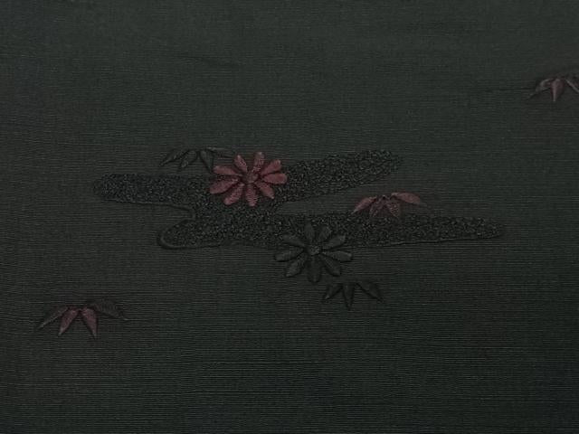 平和屋着物＃羽織　紬地　総刺繍　草花文　黒地　正絹　逸品　CABG3617ua