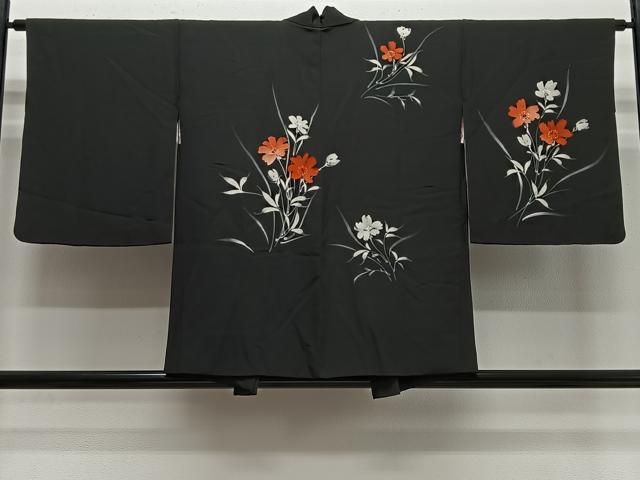 平和屋着物＃羽織　草花文　黒地　正絹　逸品　CABG3629ua