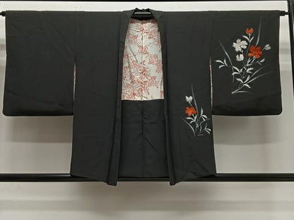平和屋着物＃羽織　草花文　黒地　正絹　逸品　CABG3629ua