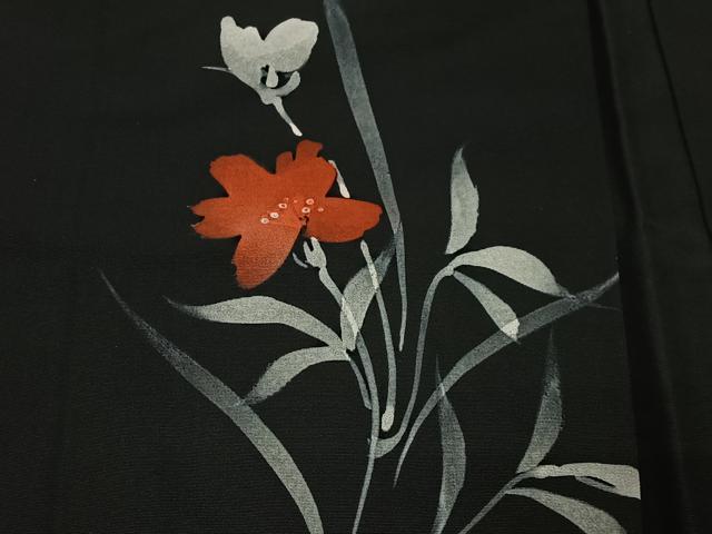 平和屋着物＃羽織　草花文　黒地　正絹　逸品　CABG3629ua