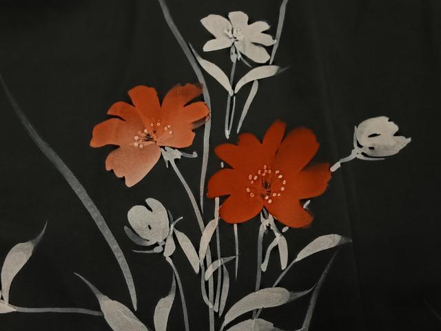 平和屋着物＃羽織　草花文　黒地　正絹　逸品　CABG3629ua