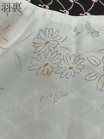 平和屋着物＃道行コート　幾何学文　黒地　正絹　逸品　CABG3635ua