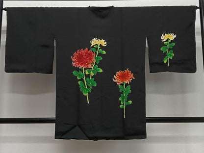 平和屋着物＃道行コート　刺繍　乱菊　黒地　ロング丈　正絹　逸品　未使用　CABG3642ua
