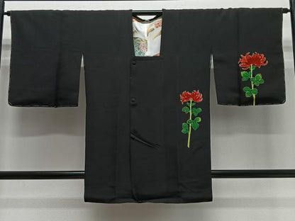 平和屋着物＃道行コート　刺繍　乱菊　黒地　ロング丈　正絹　逸品　未使用　CABG3642ua