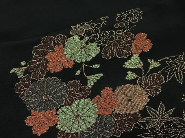 平和屋着物＃羽織　寿光織　草花丸文　黒地　金糸　正絹　逸品　CABG3654ua