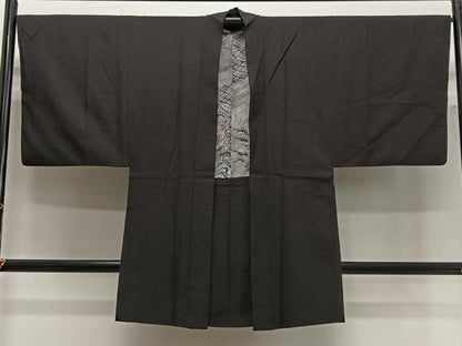 平和屋着物∞男性　長羽織　紬地　鉄黒色　正絹　逸品　CABG3659ua