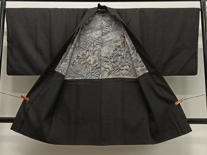 平和屋着物∞男性　長羽織　紬地　鉄黒色　正絹　逸品　CABG3659ua