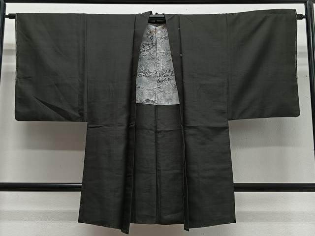 平和屋着物∞男性　長羽織　紬地　格子　幾何学文　正絹　逸品　未使用　CABG3661ua