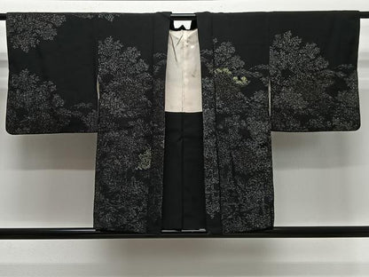 平和屋着物＃羽織　寿光織　枝葉文　黒地　銀糸　正絹　逸品　CABG3662ua