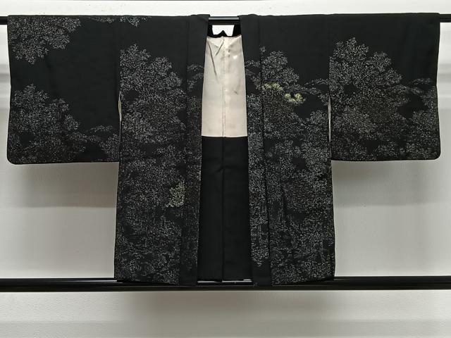平和屋着物＃羽織　寿光織　枝葉文　黒地　銀糸　正絹　逸品　CABG3662ua