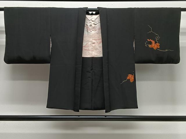 平和屋着物＃羽織　刺繍　葡萄蔦の葉文　黒地　正絹　逸品　CABG3663ua