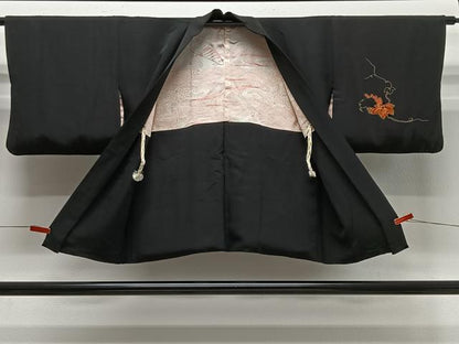 平和屋着物＃羽織　刺繍　葡萄蔦の葉文　黒地　正絹　逸品　CABG3663ua