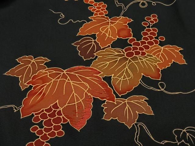 平和屋着物＃羽織　刺繍　葡萄蔦の葉文　黒地　正絹　逸品　CABG3663ua