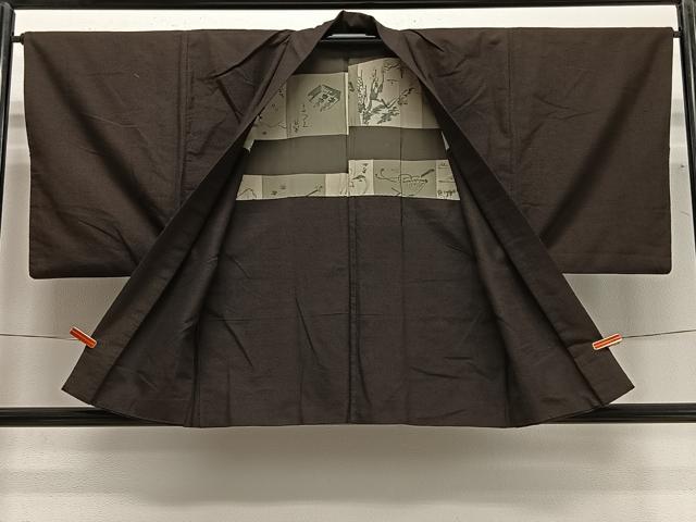平和屋着物∞男性　羽織　紬地　憲法黒茶色　正絹　逸品　CABG3666ua