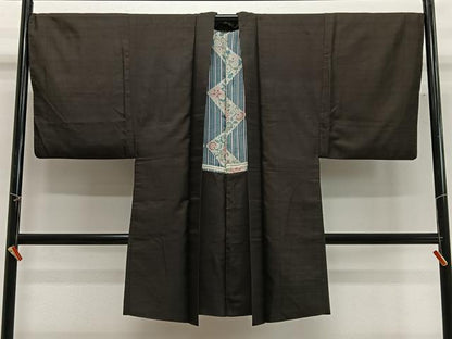 平和屋着物＃男性　長羽織　紬地　赤墨色　正絹　逸品　CABG3671ua
