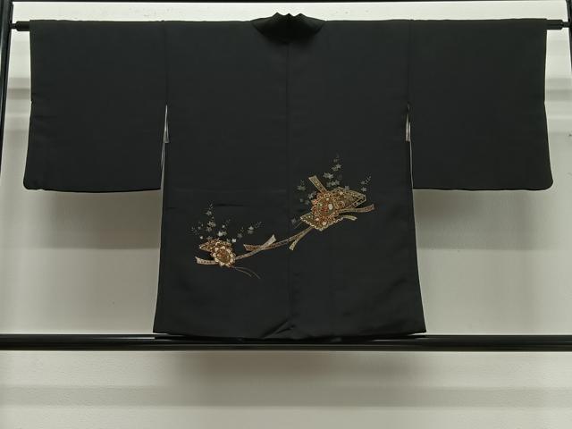 平和屋着物＃羽織　鏡裏花文　黒地　金彩　正絹　逸品　CABG3674ua