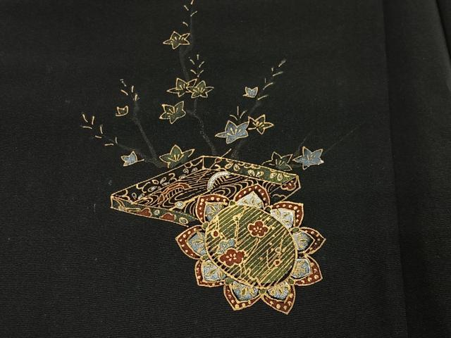 平和屋着物＃羽織　鏡裏花文　黒地　金彩　正絹　逸品　CABG3674ua