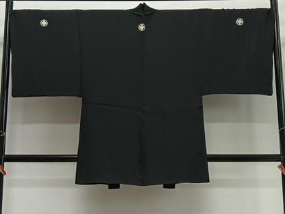 平和屋着物∞男性　長羽織　黒紋付　羽裏：鷹　正絹　逸品　CABG3676ua